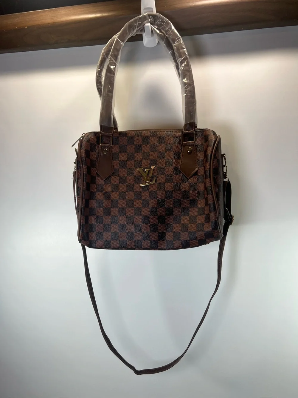 Brown Monogram Style Satchel Purse Gold Tone Hardware Fashion Handbag Flaw